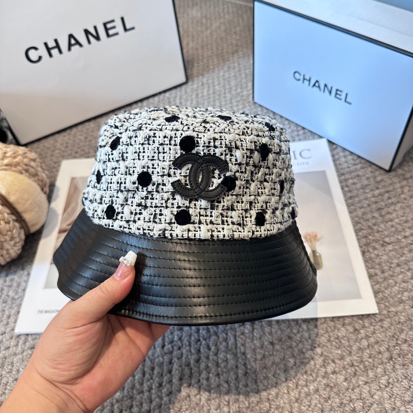  chanel香奈儿渔夫帽，遮阳百搭～休闲出街神器 皮革羊毛拼接面科超好搭配