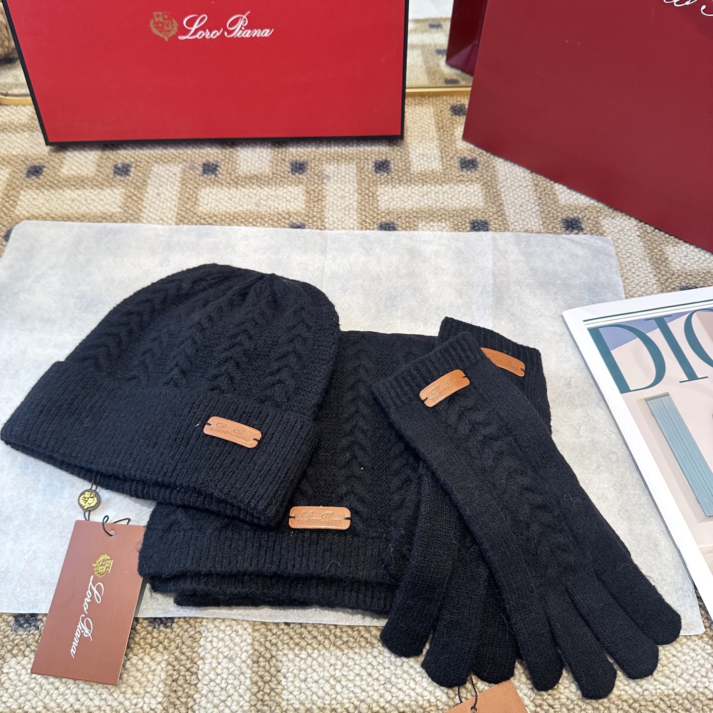 Loro Piana Wool Knit Winter Set: Beanie, Scarf, and Gloves for Men and Women