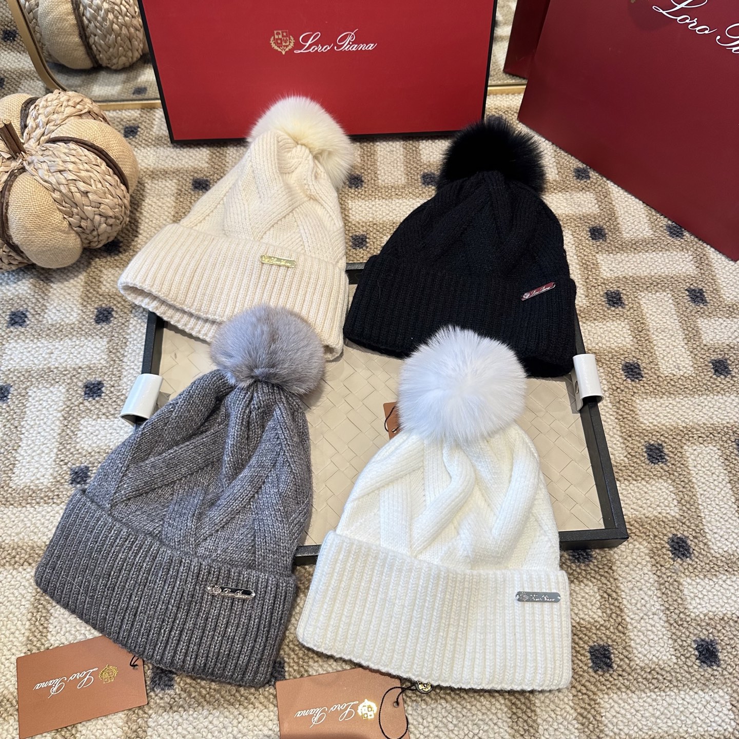 Loro Piana Wool-Cashmere Beanie Hat with Fur Pom Pom Warm Winter Hat
