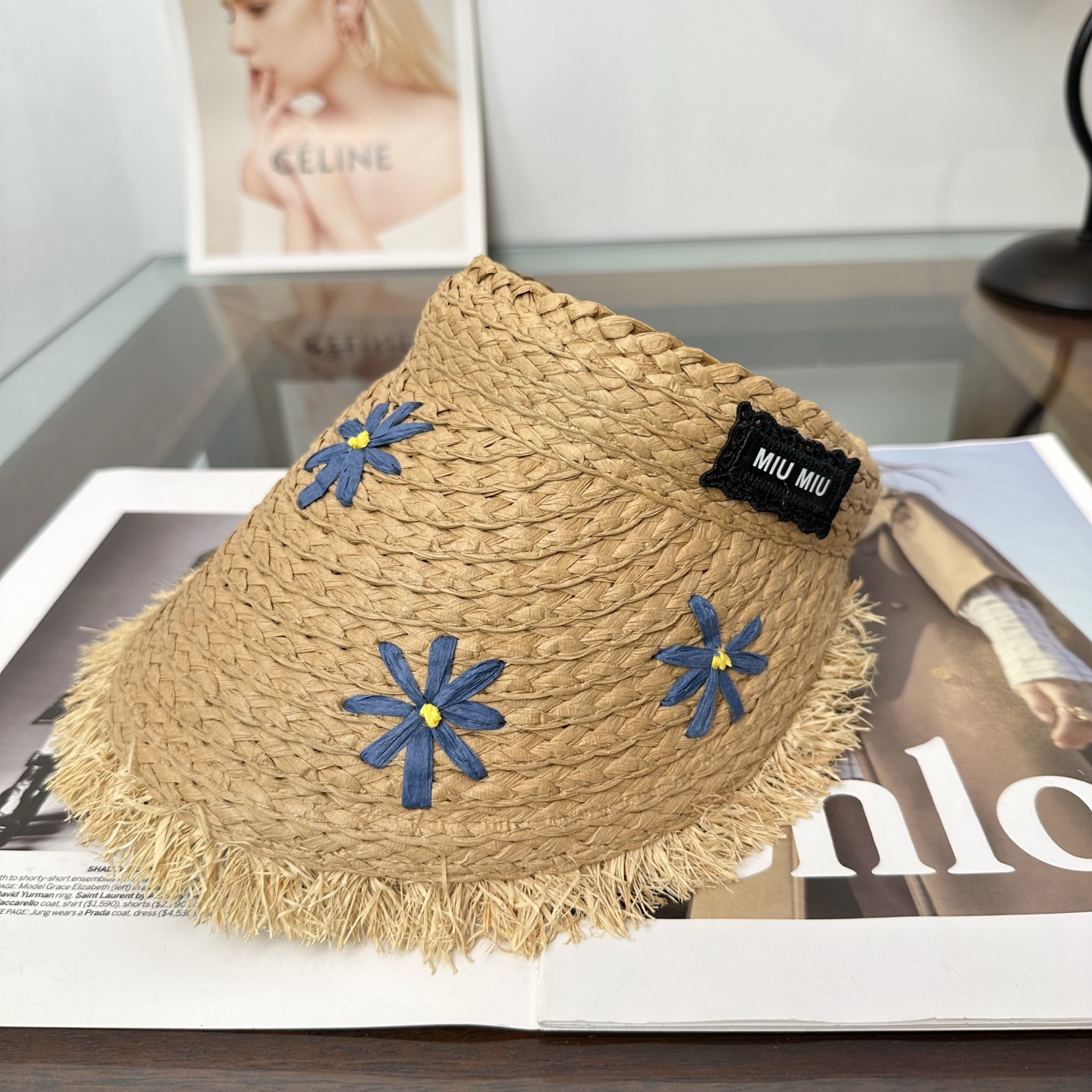 miumiu缪缪 防晒空顶帽子女夏季时尚大帽 檐遮阳帽防紫外线女