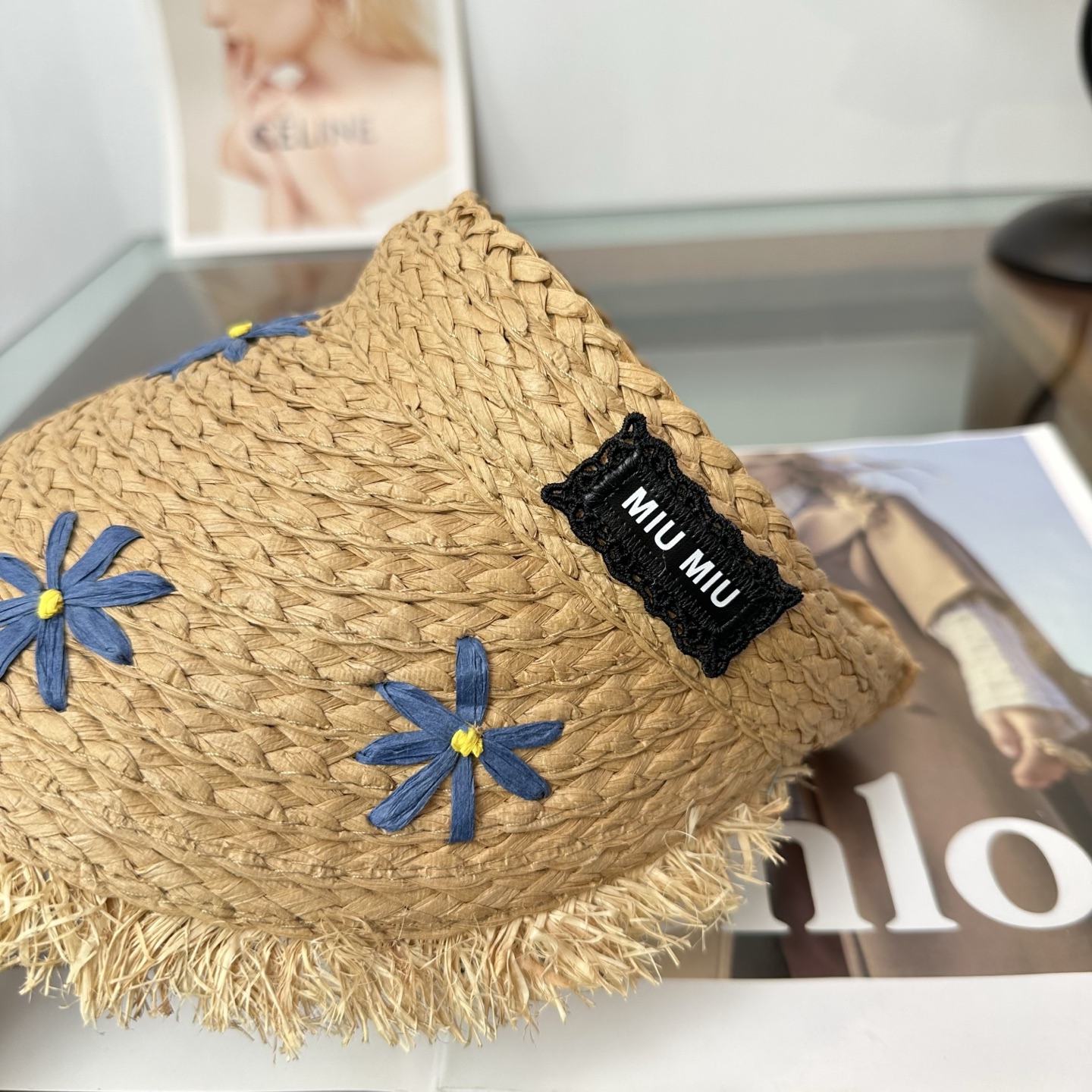 miumiu缪缪 防晒空顶帽子女夏季时尚大帽 檐遮阳帽防紫外线女