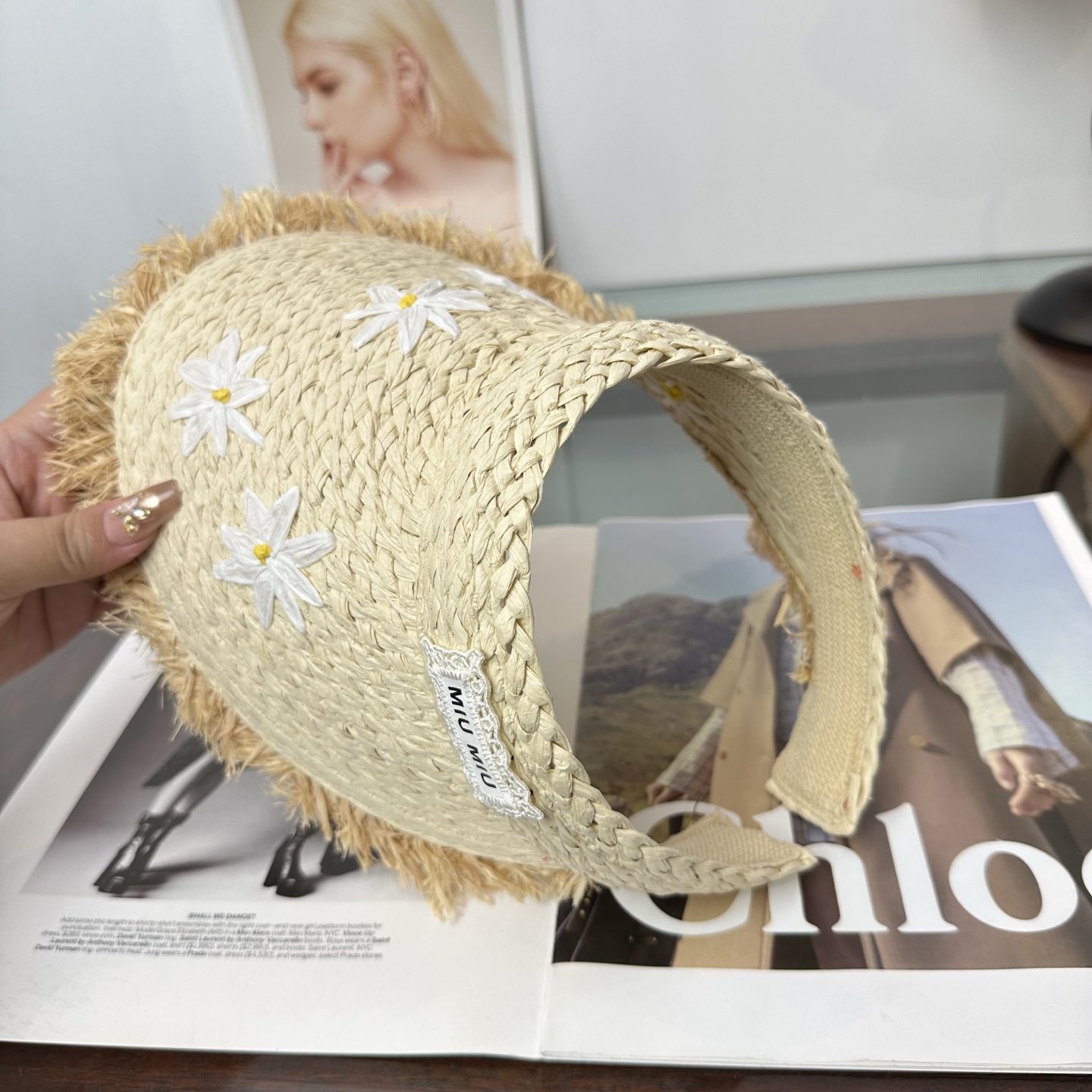 miumiu缪缪 防晒空顶帽子女夏季时尚大帽 檐遮阳帽防紫外线女