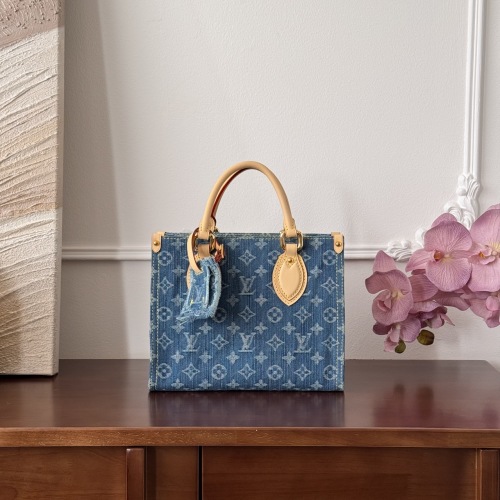 Louis Vuitton OnTheGo Small Monogram Denim Tote Bag with Leather Trim 1 Louis Vuitton OnTheGo Small Monogram Denim Tote Bag with Leather Trim