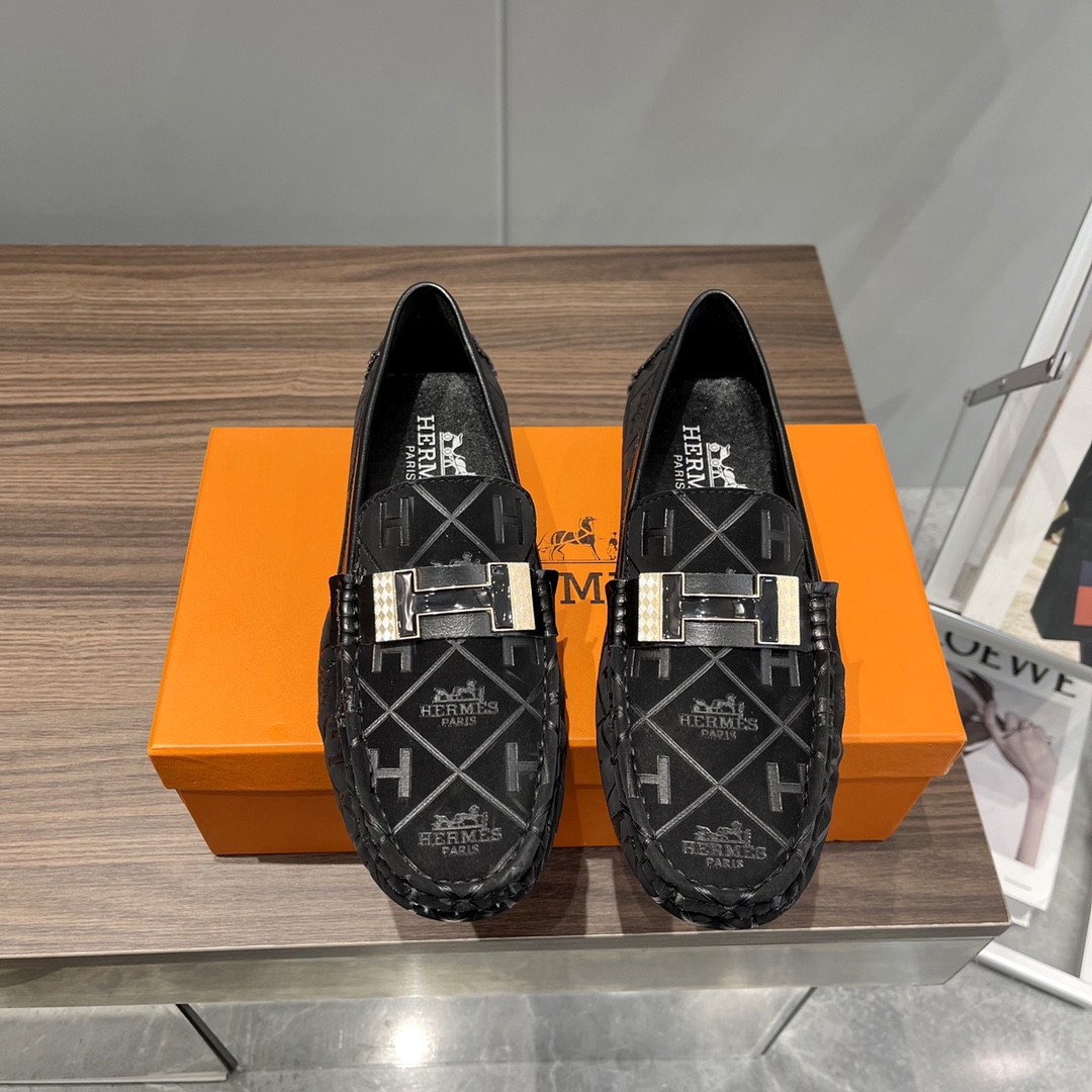 Hermes Shoes Moccasin Black Men Cowhide Rubber Sheepskin Fashion Casual