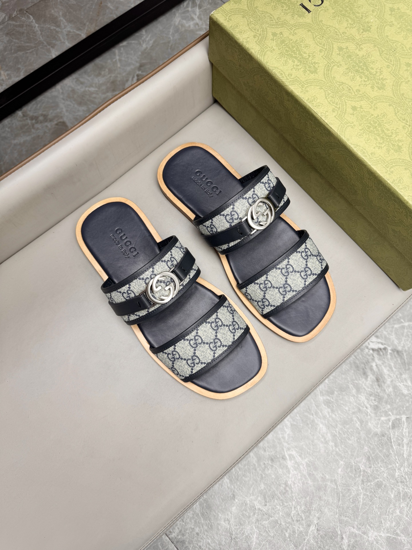 Gucci Monogram Leather Slides Sandals, Comfortable & High-Quality 2 i1742736091673 7861 0 0