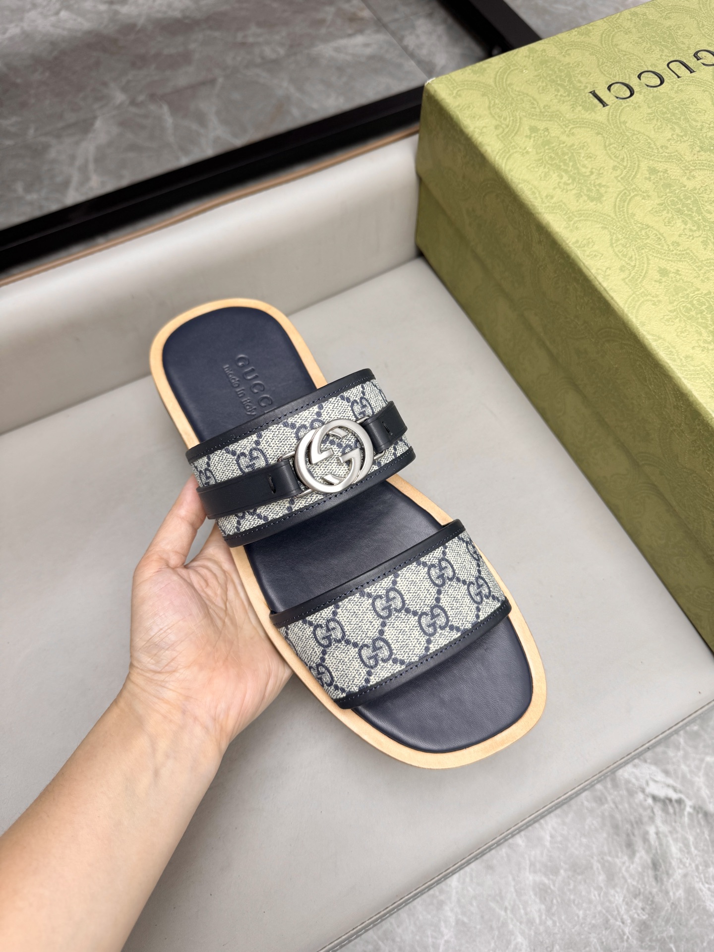 Gucci Monogram Leather Slides Sandals, Comfortable & High-Quality 8 i1742736093617 7067 0 6