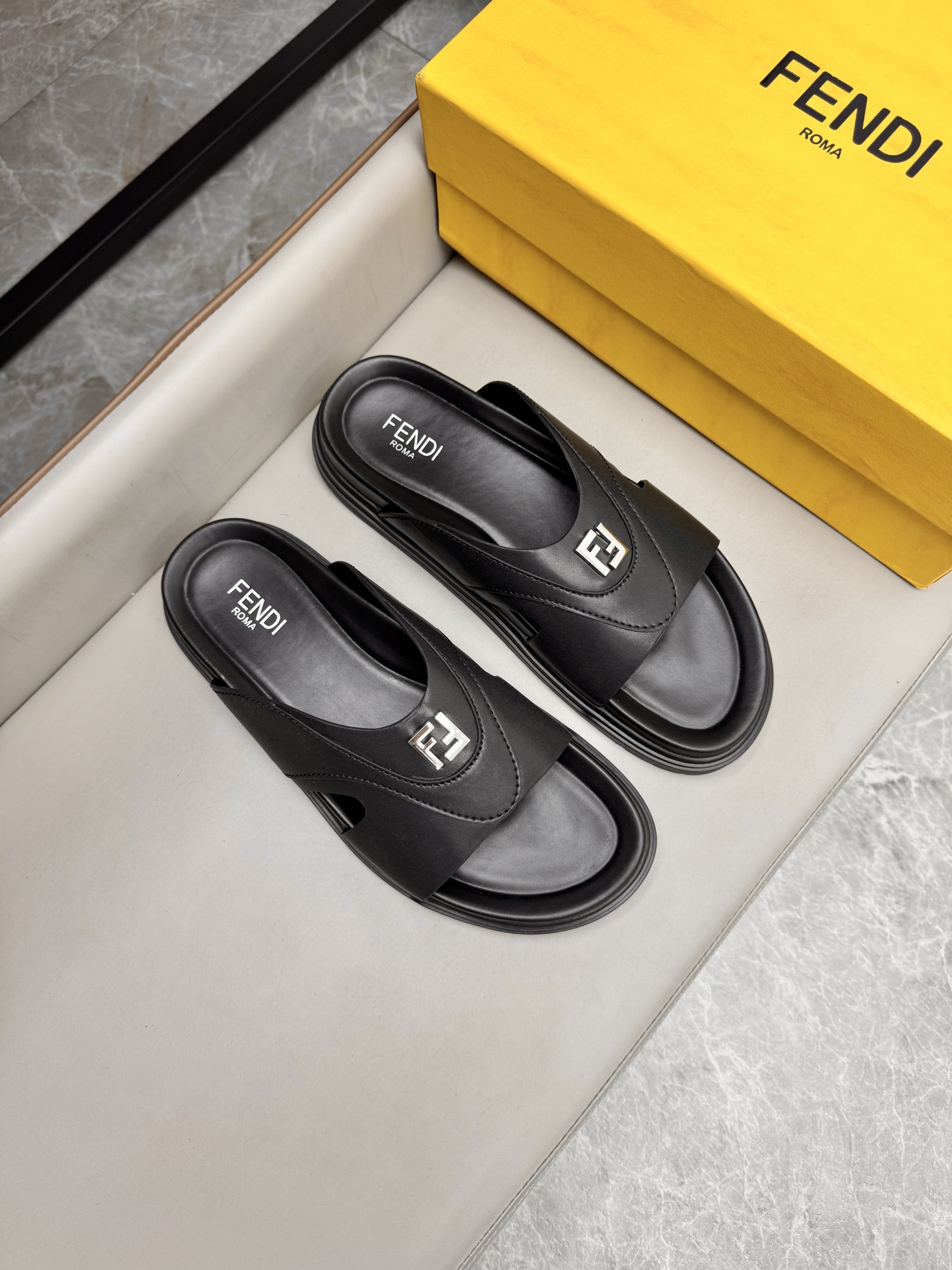 Fendi Roma Leather Slides, Designer Sandals for Men, Black, Size 38-45 1 i1743073330042 7069 0 0