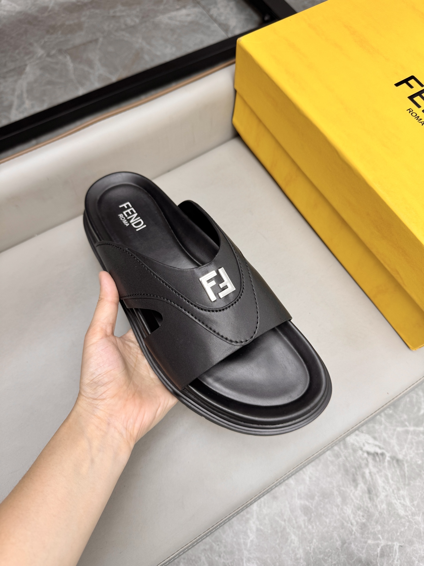 Fendi Roma Leather Slides, Designer Sandals for Men, Black, Size 38-45 7 i1743073330531 3620 0 6
