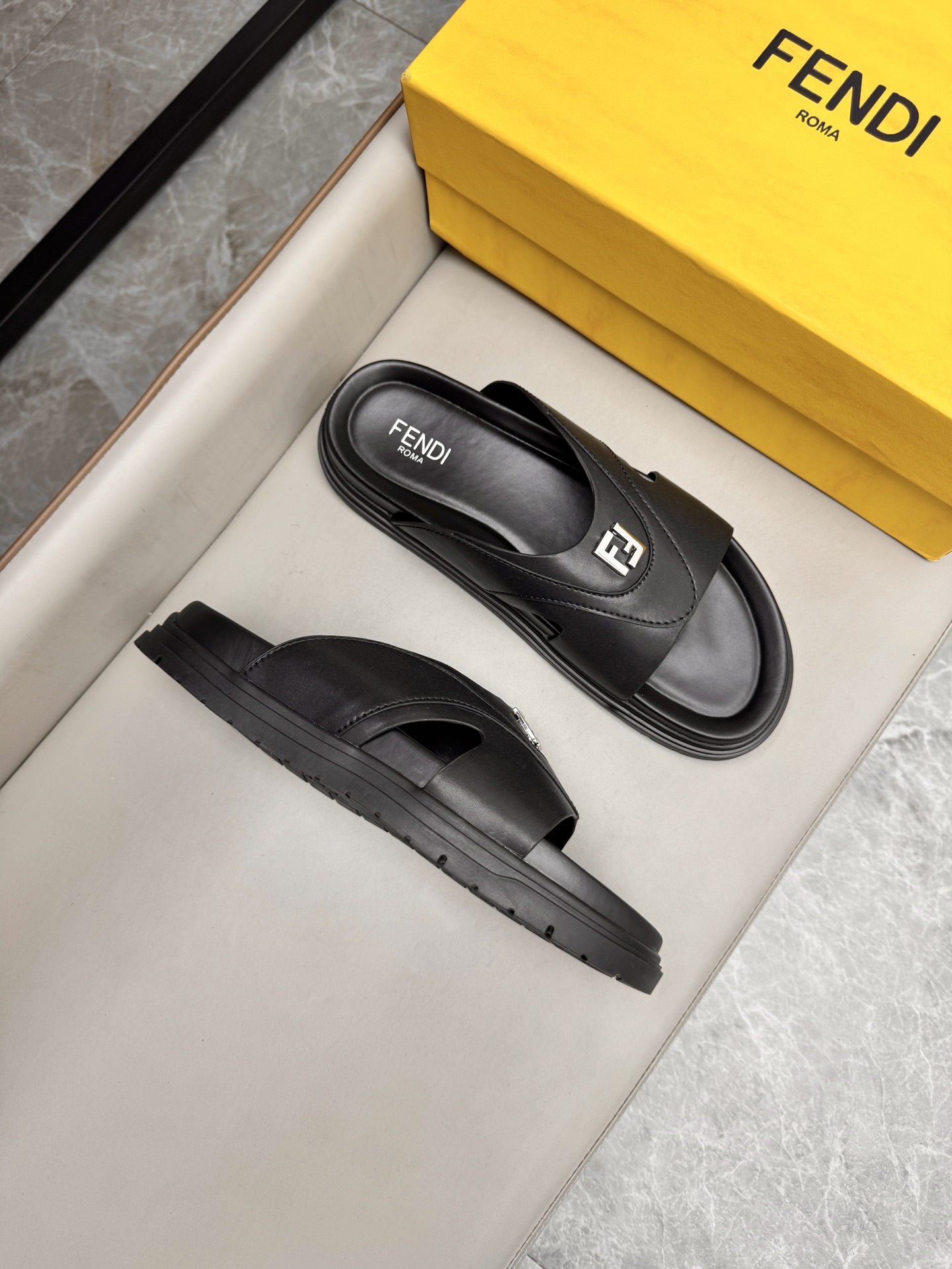 Fendi Roma Leather Slides, Designer Sandals for Men, Black, Size 38-45 2 i1743073330844 5998 0 1