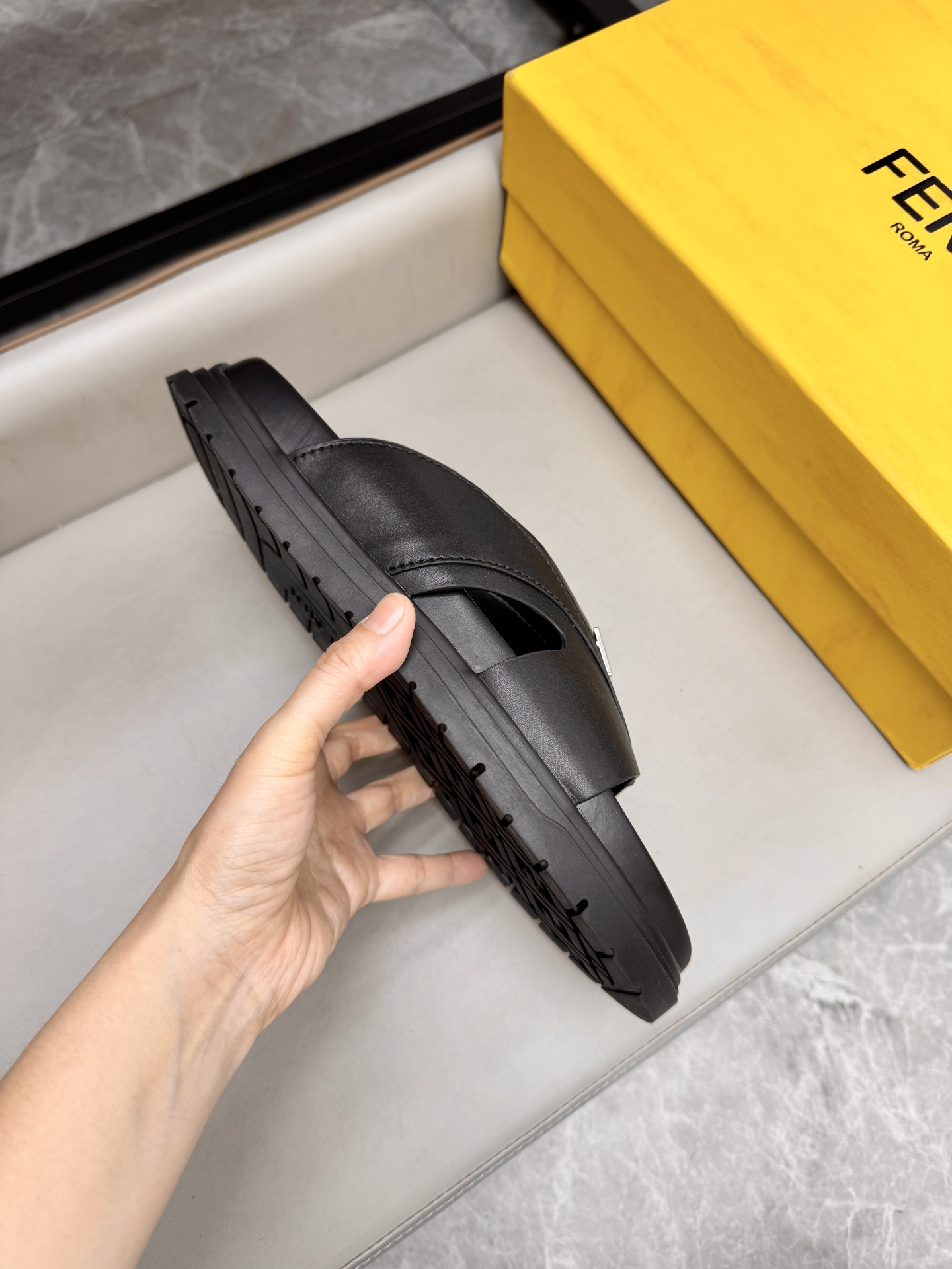 Fendi Roma Leather Slides, Designer Sandals for Men, Black, Size 38-45 6 i1743073332628 2279 0 5