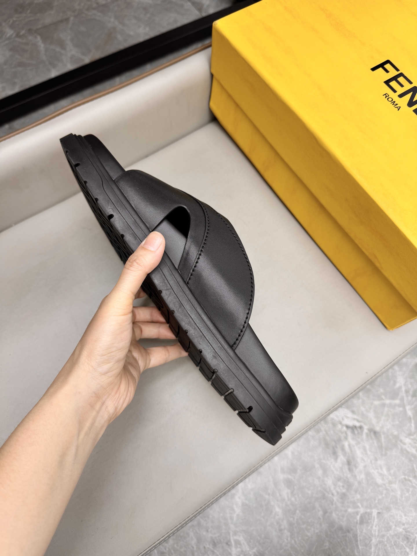 Fendi Roma Leather Slides, Designer Sandals for Men, Black, Size 38-45 8 i1743073332878 7557 0 7