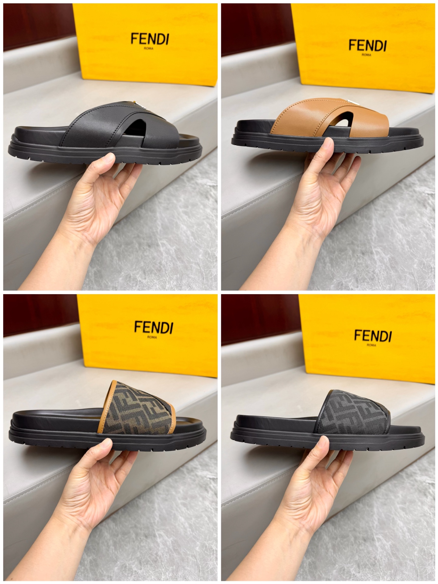 Fendi Men's FF Logo Slides Sandals Luxury Leather Slip-Ons