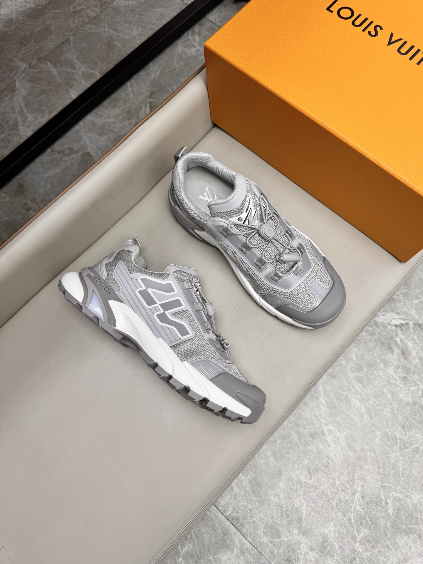 Louis Vuitton Grey Leather and Mesh Trainer Sneakers, Sizes 39-44 3 i1743160102701 4477 0 1