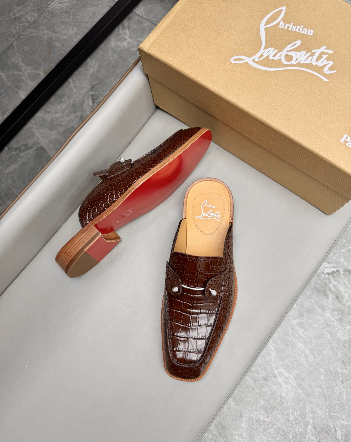 Christian Louboutin Men's Brown Leather Alligator Print Mule Slides Sandals 3 i1744293585259 316 0 2