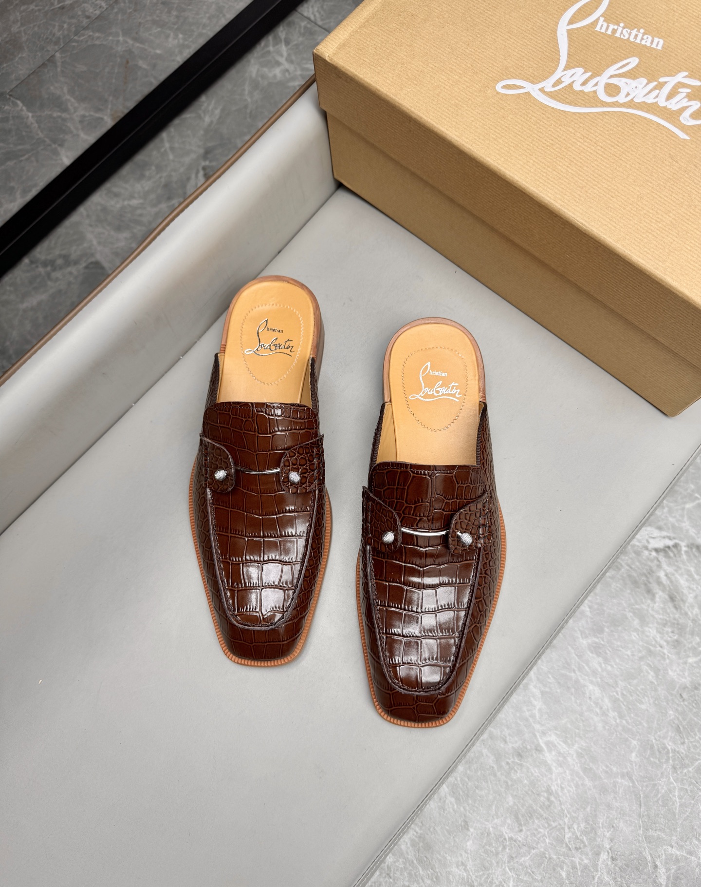 Christian Louboutin Men's Brown Leather Alligator Print Mule Slides Sandals 4 i1744293585260 1043 0 3