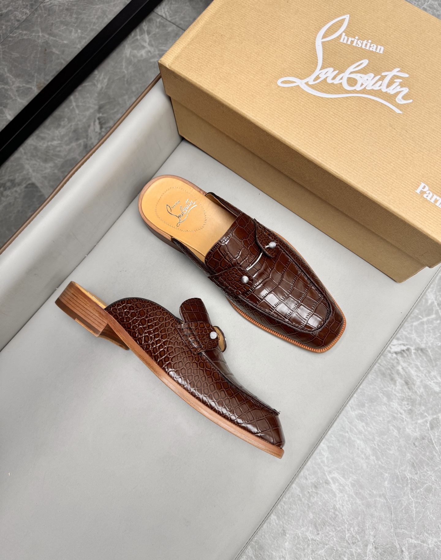 Christian Louboutin Men's Brown Leather Alligator Print Mule Slides Sandals 2 i1744293585917 2938 0 1