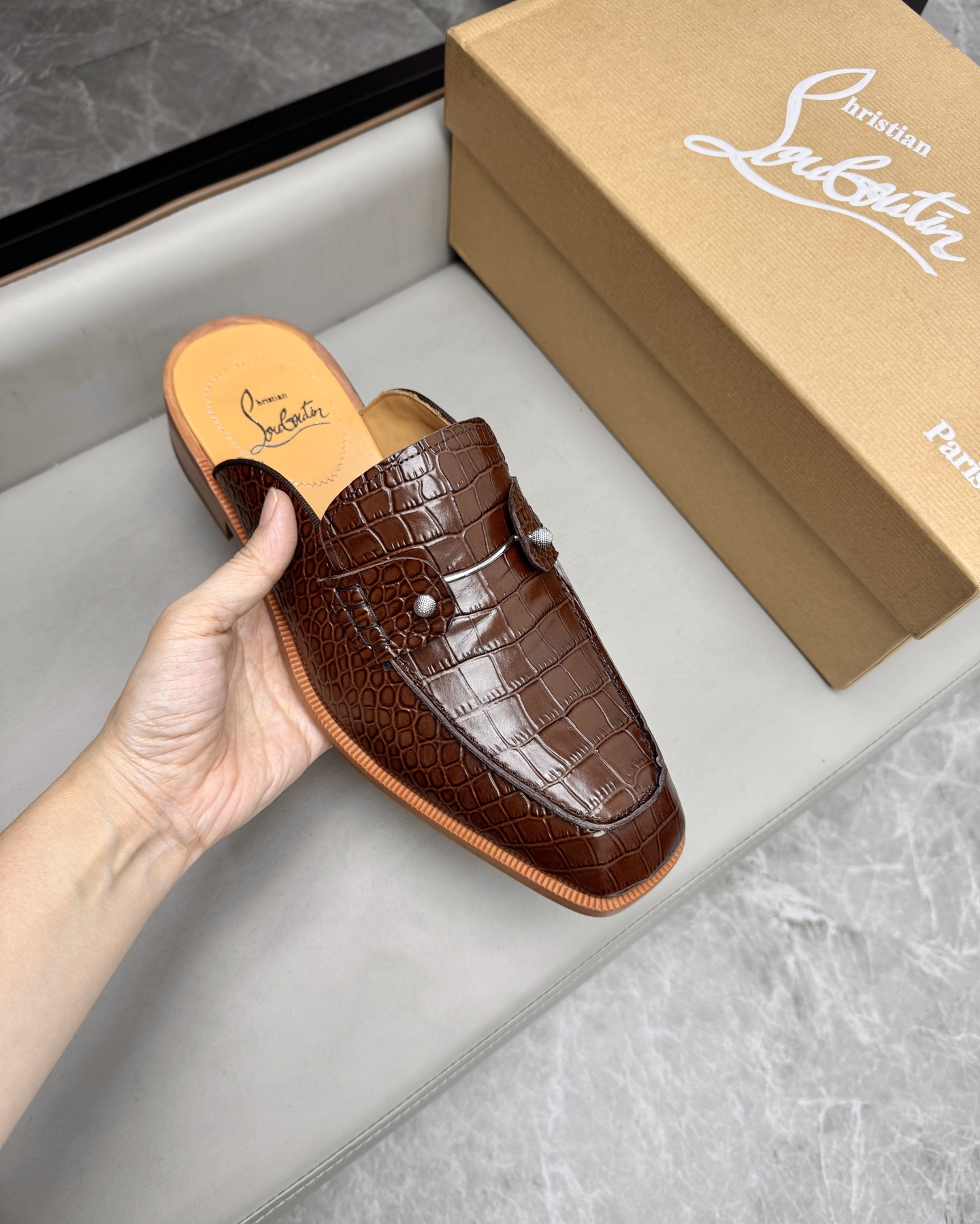 Christian Louboutin Men's Brown Leather Alligator Print Mule Slides Sandals 7 i1744293586020 9522 0 6