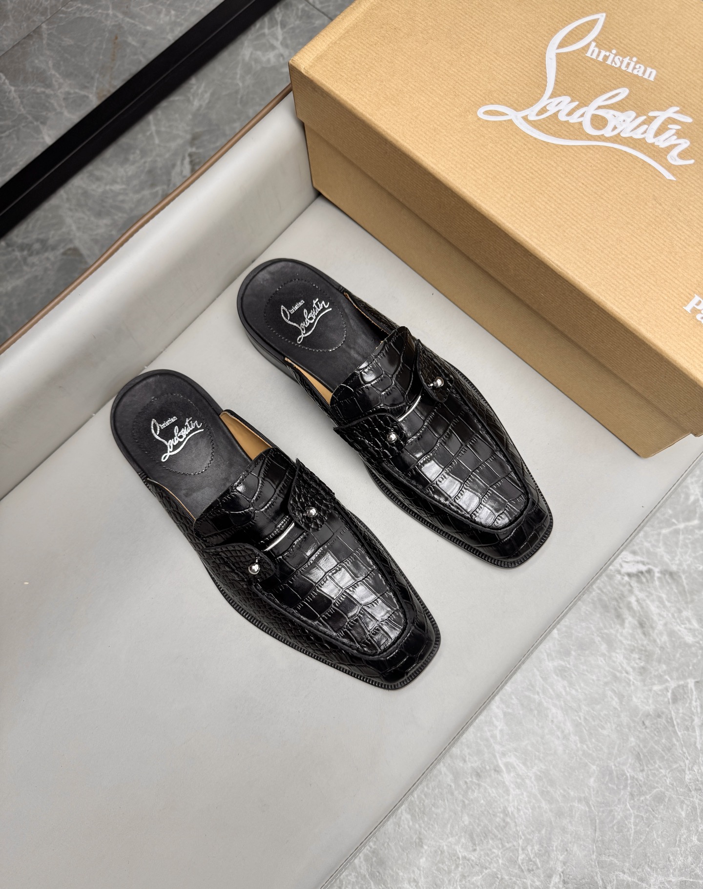 Christian Louboutin Men's Black Croc Leather Loafer Mules Slides Sandals 2 i1744293620118 7959 0 0