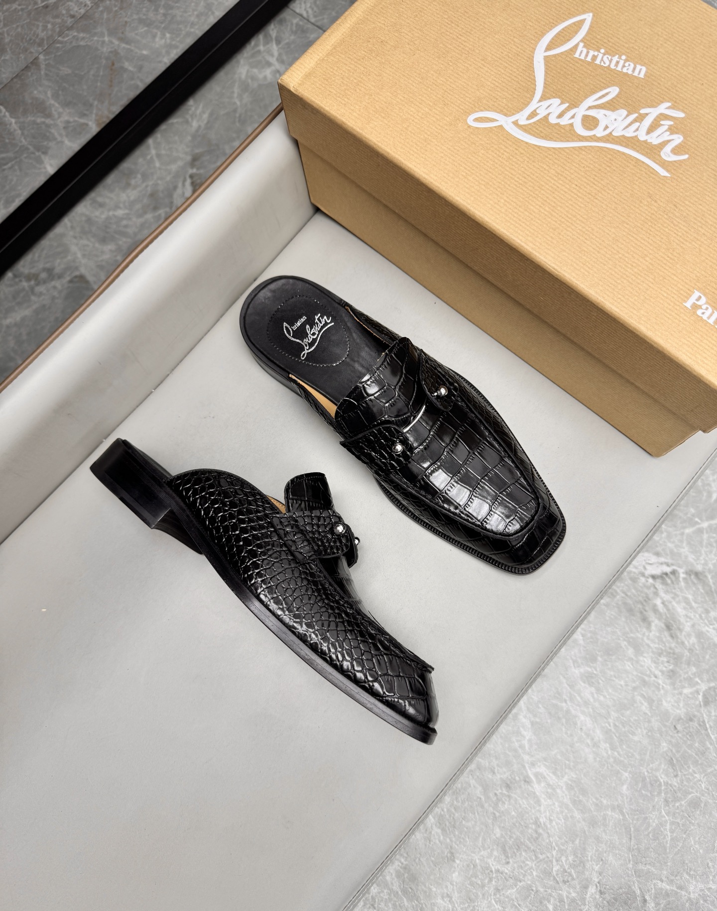 Christian Louboutin Men's Black Croc Leather Loafer Mules Slides Sandals 3 i1744293621039 950 0 1