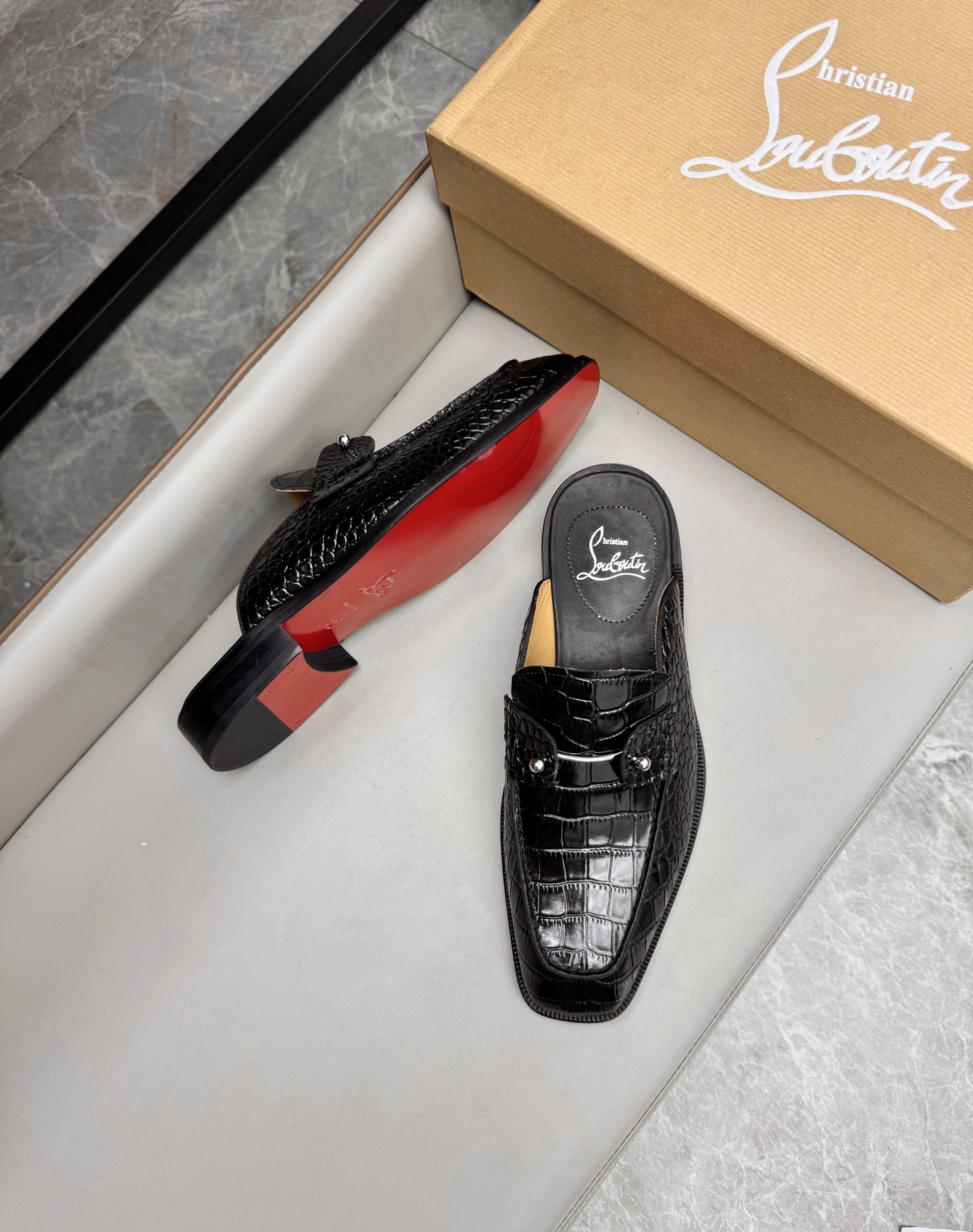 Christian Louboutin Men's Black Croc Leather Loafer Mules Slides Sandals 4 i1744293621135 7381 0 2