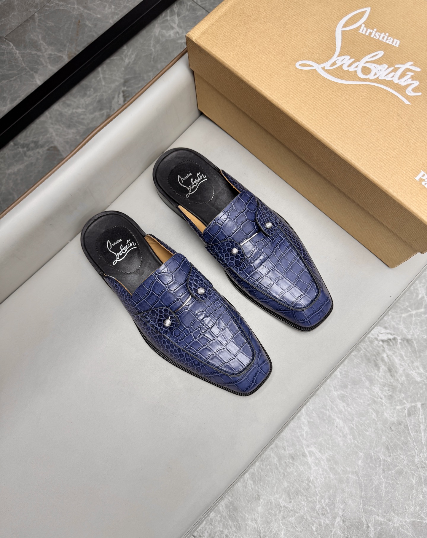 Christian Louboutin Men's Blue Alligator Embossed Leather Mule Slides 2 i1744293639515 9570 0 0