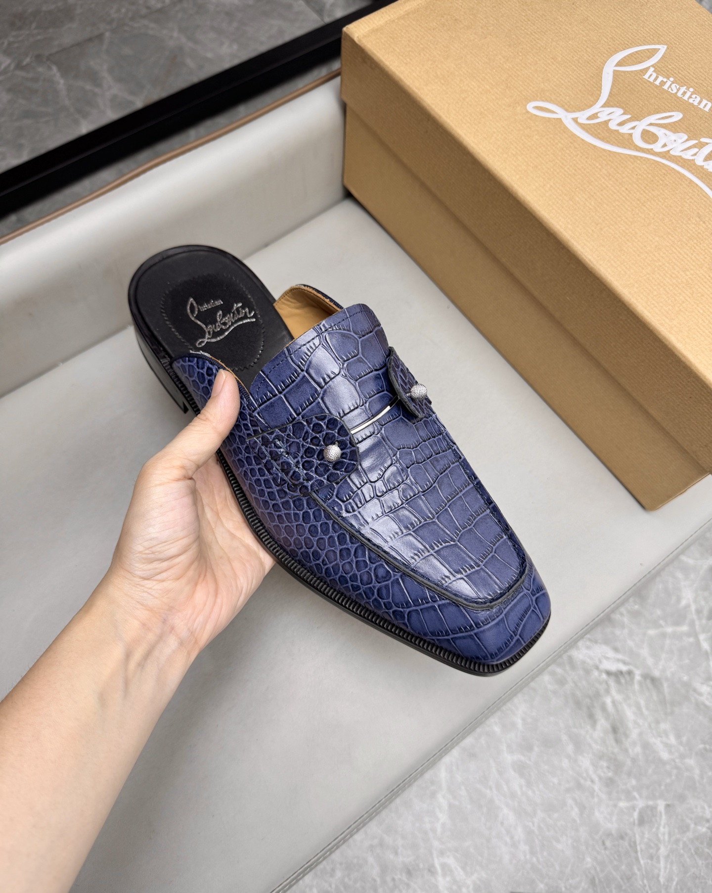 Christian Louboutin Men's Blue Alligator Embossed Leather Mule Slides 8 i1744293640573 8524 0 6