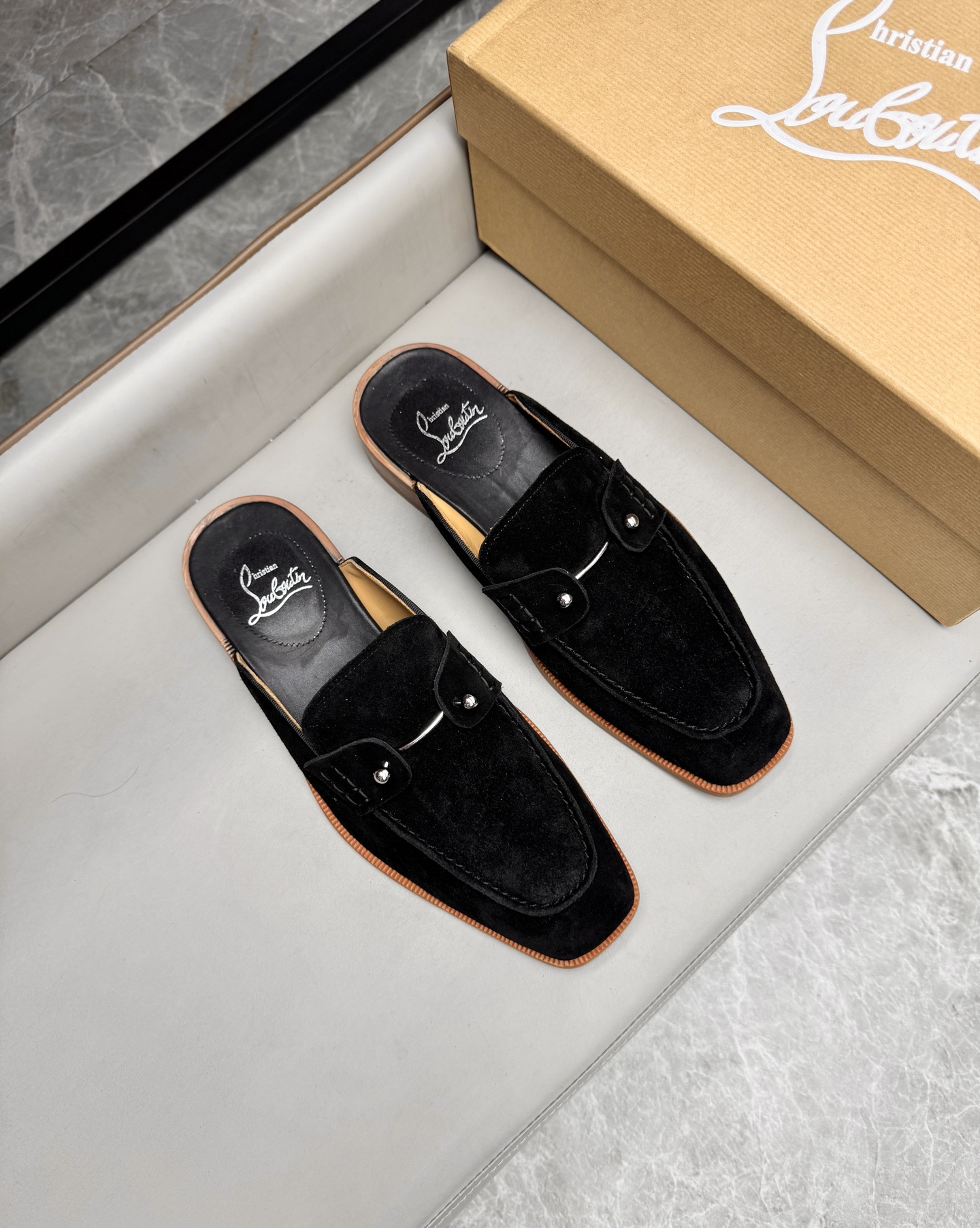 Christian Louboutin Men's Black Suede Leather Summer Mules Slides Shoes 1 i1744294139326 8177 0 0