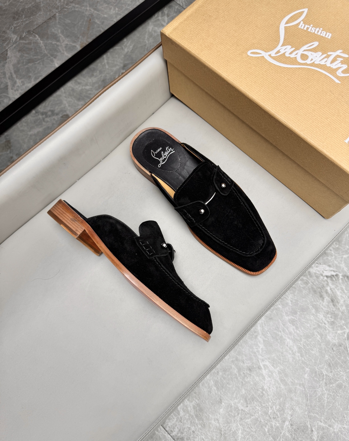 Christian Louboutin Men's Black Suede Leather Summer Mules Slides Shoes 2 i1744294139350 1979 0 1