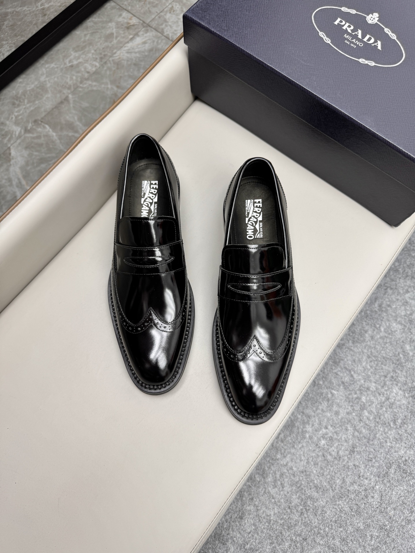 Ferragamo Men's Leather Wingtip Loafers Black, Size 38-46 5 i1747150465954 4612 0 3
