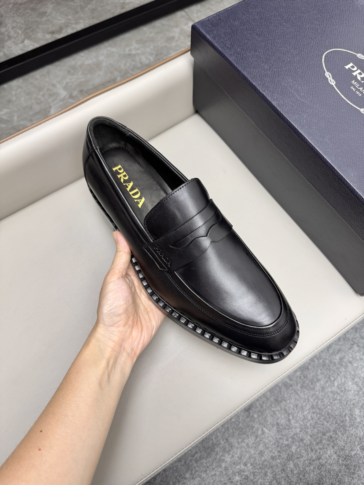 Prada Men's Black Leather Loafers Classic Business Dress Shoes 8 i1747230427848 6365 0 6