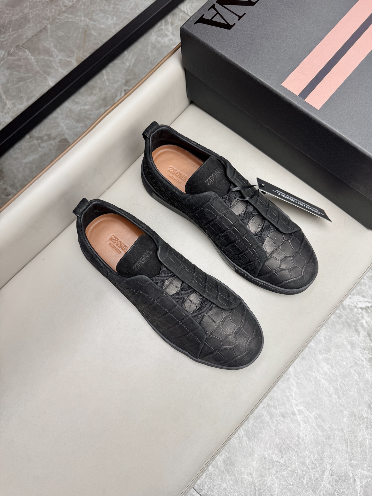 Ermenegildo Zegna Triple Stitch Leather Sneakers, Black Slip-Ons Size 39-44