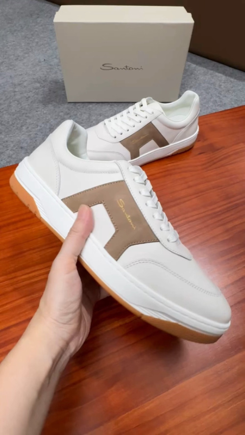 Santoni Men's White Leather Sneakers Handmade Casual Shoes 14 Santoni Men's White Leather Sneakers Handmade Casual Shoes