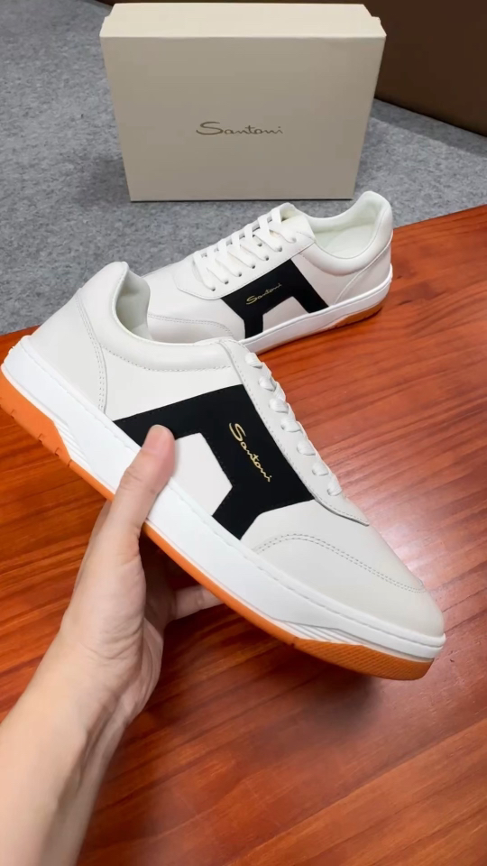 Santoni Men's White Leather Sneakers with Black Logo Accent and Orange Sole