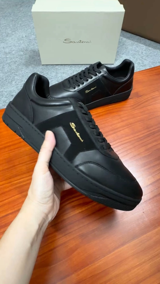 Santoni Men's Black Leather Sneakers - Handmade Italian Comfort & Style