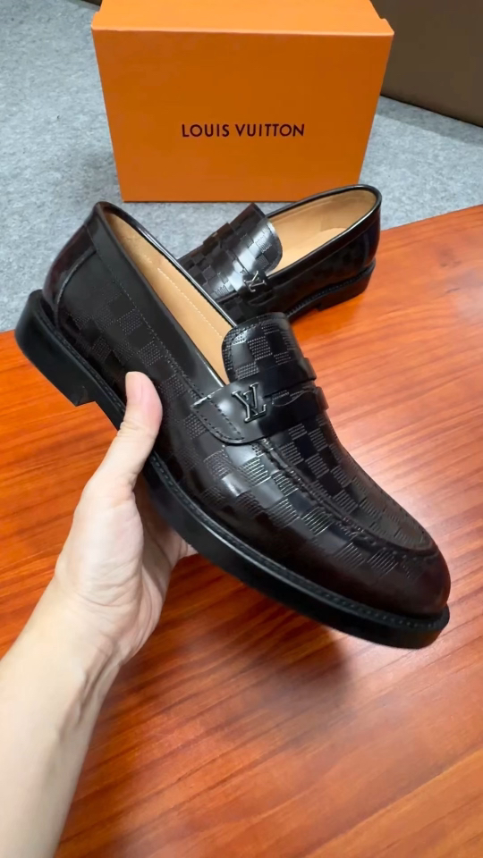 Louis Vuitton Men's Black Leather Loafers with Signature Damier Pattern