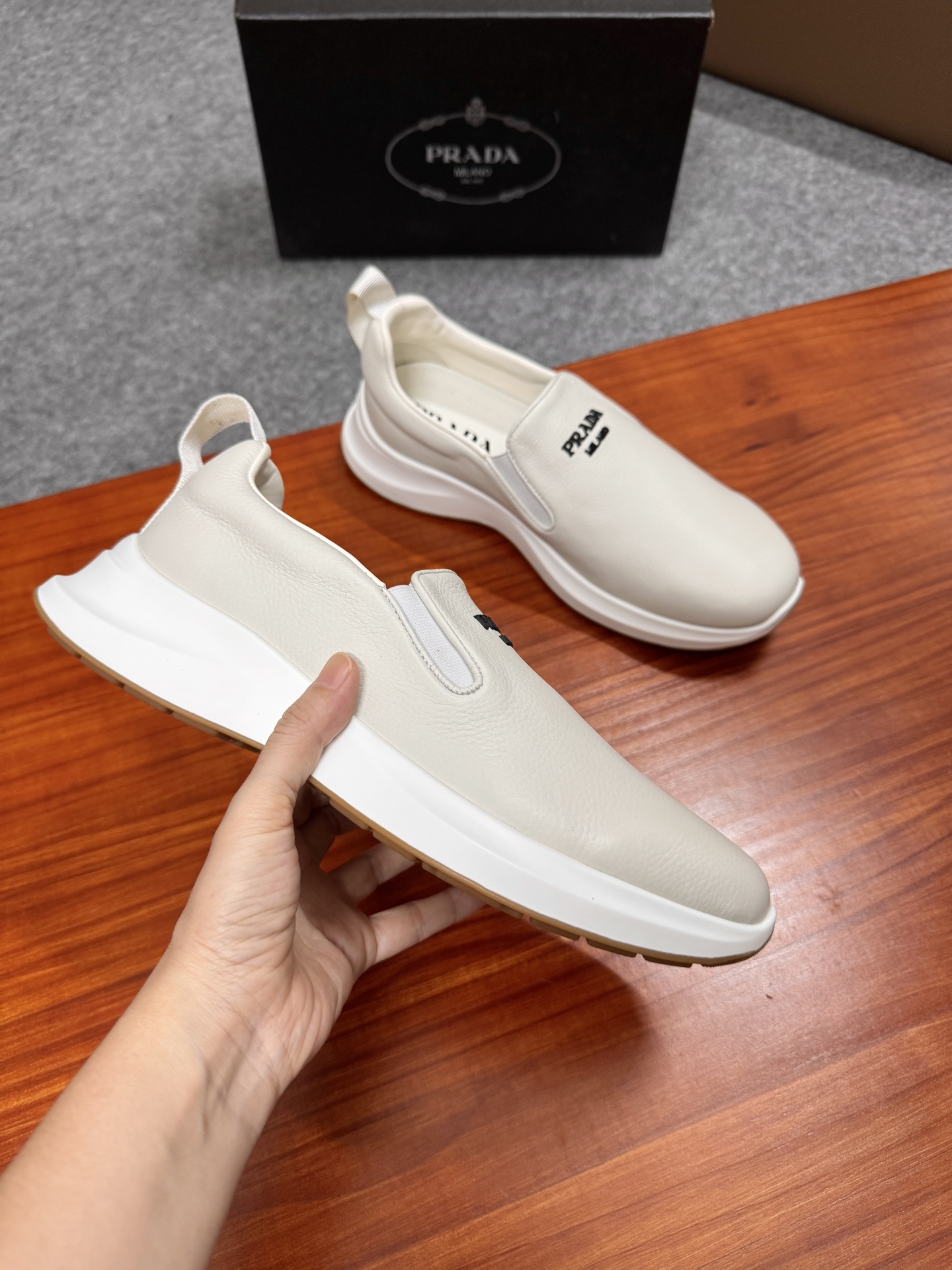 Prada Men's White Leather Slip-On Sneakers Casual Shoes, Size 38-44 5 i1755596611807 3855 0 3