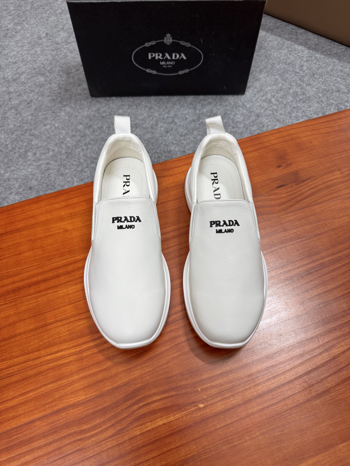 Prada Men's White Leather Slip-On Sneakers Casual Shoes, Size 38-44