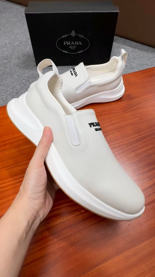 Prada Men's White Leather Slip-On Sneakers With Embossed Logo - Size 38-44