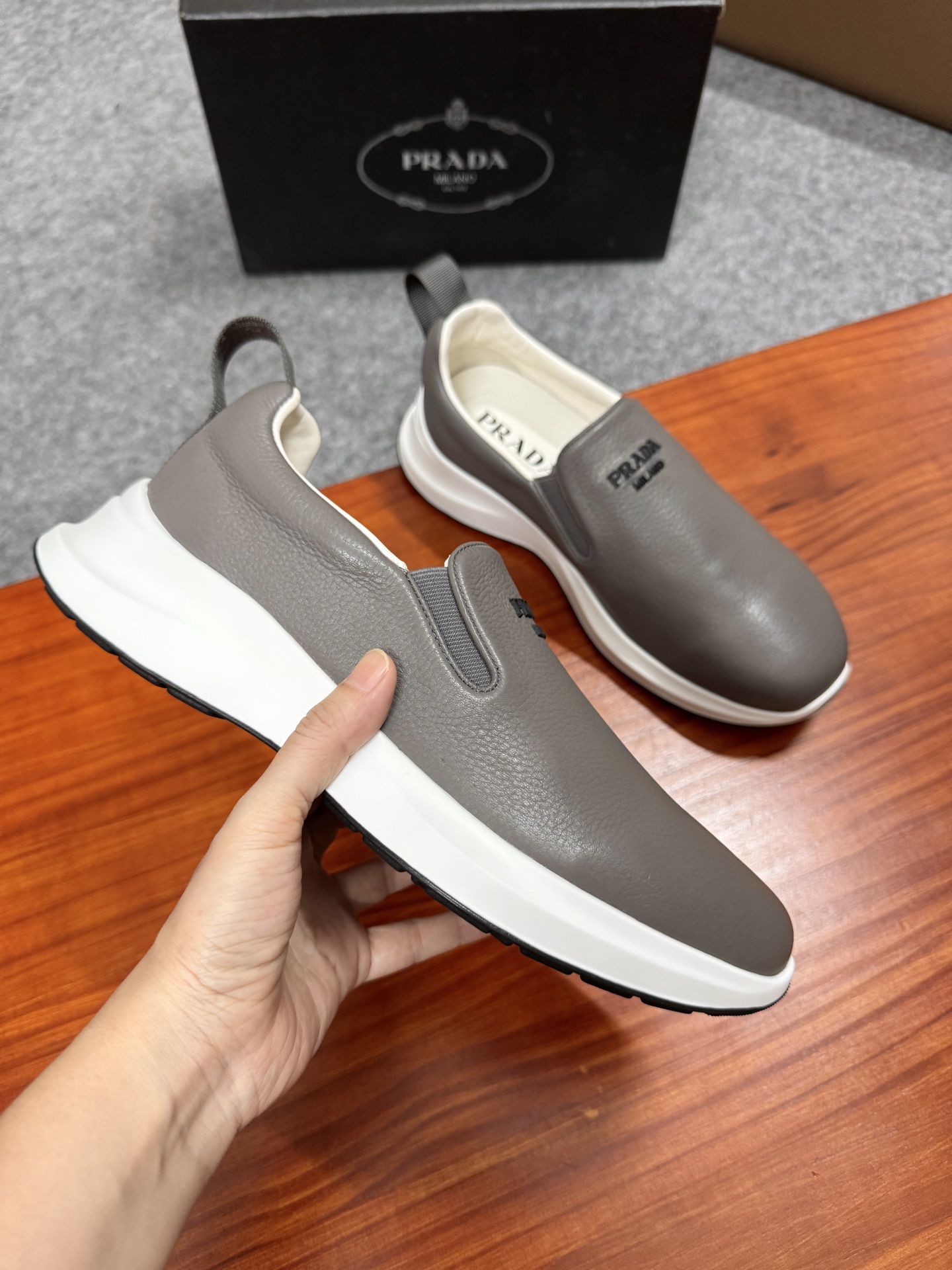 Prada Men's Gray Leather Slip-On Sneakers with Lightweight Sole, Size 38-44 4 i1755596629393 9753 0 3