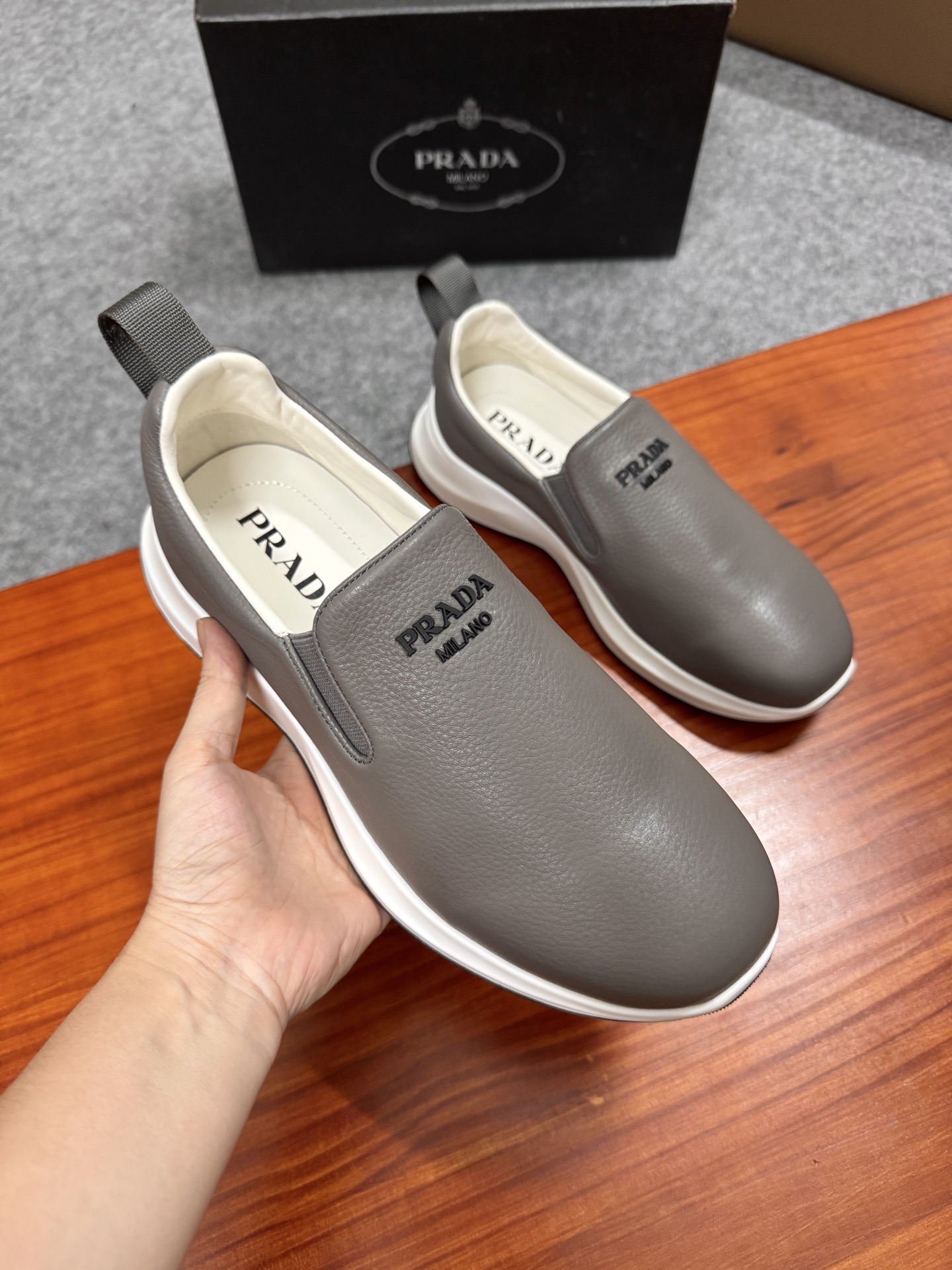 Prada Men's Gray Leather Slip-On Sneakers with Lightweight Sole, Size 38-44 5 i1755596629461 4184 0 4