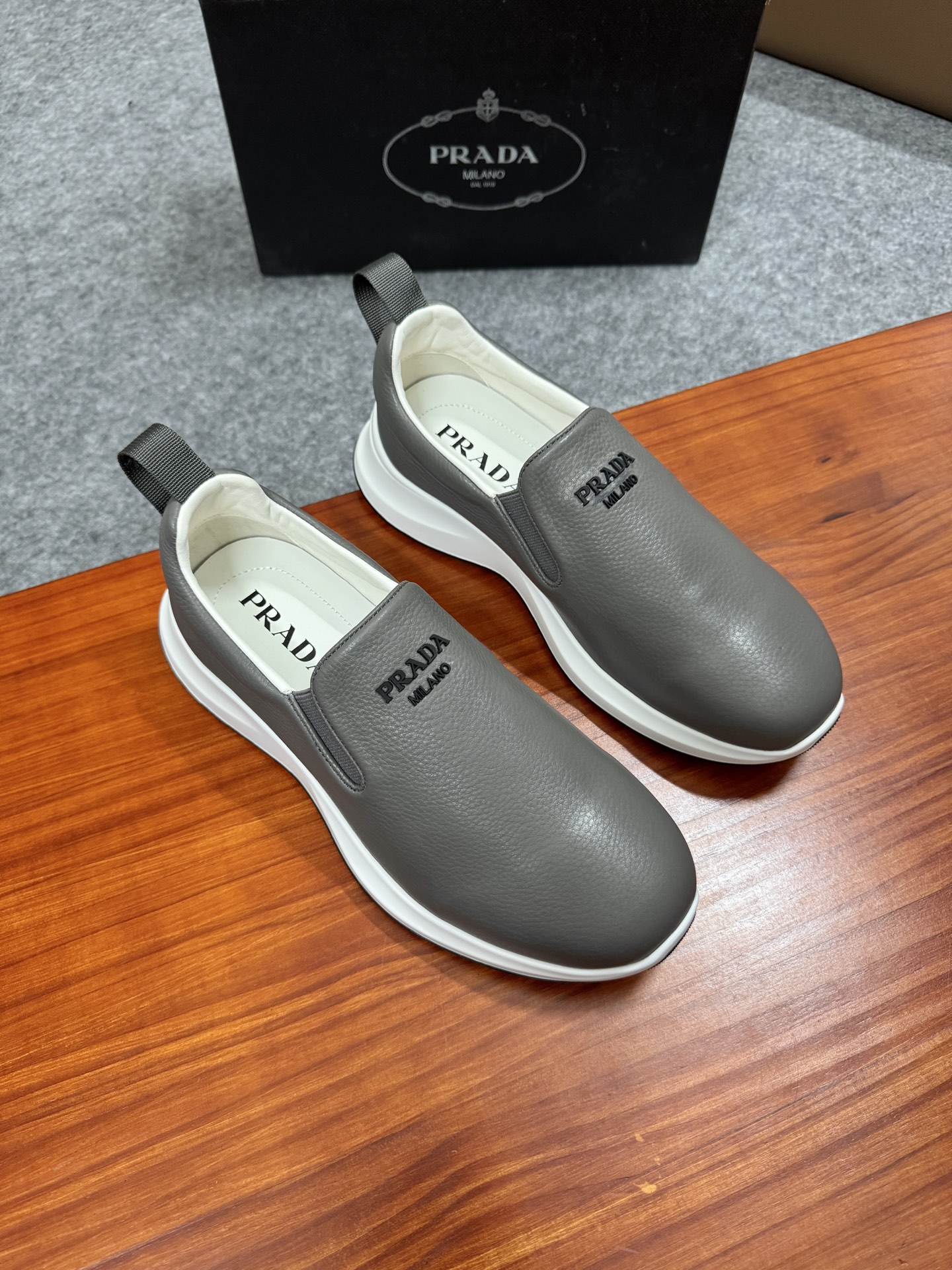 Prada Men's Gray Leather Slip-On Sneakers with Lightweight Sole, Size 38-44 2 i1755596629464 5869 0 1