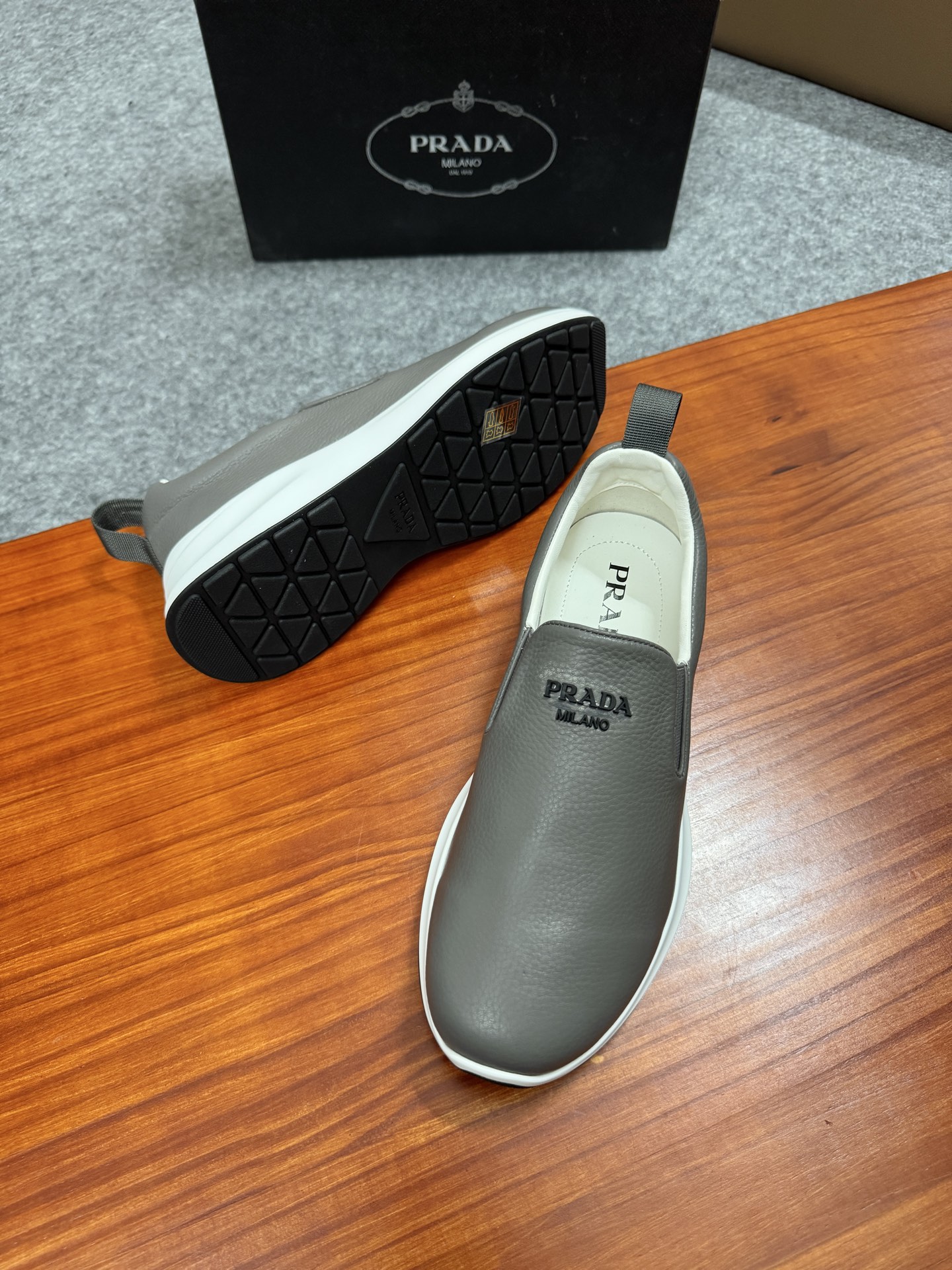 Prada Men's Gray Leather Slip-On Sneakers with Lightweight Sole, Size 38-44 3 i1755596629467 2307 0 2