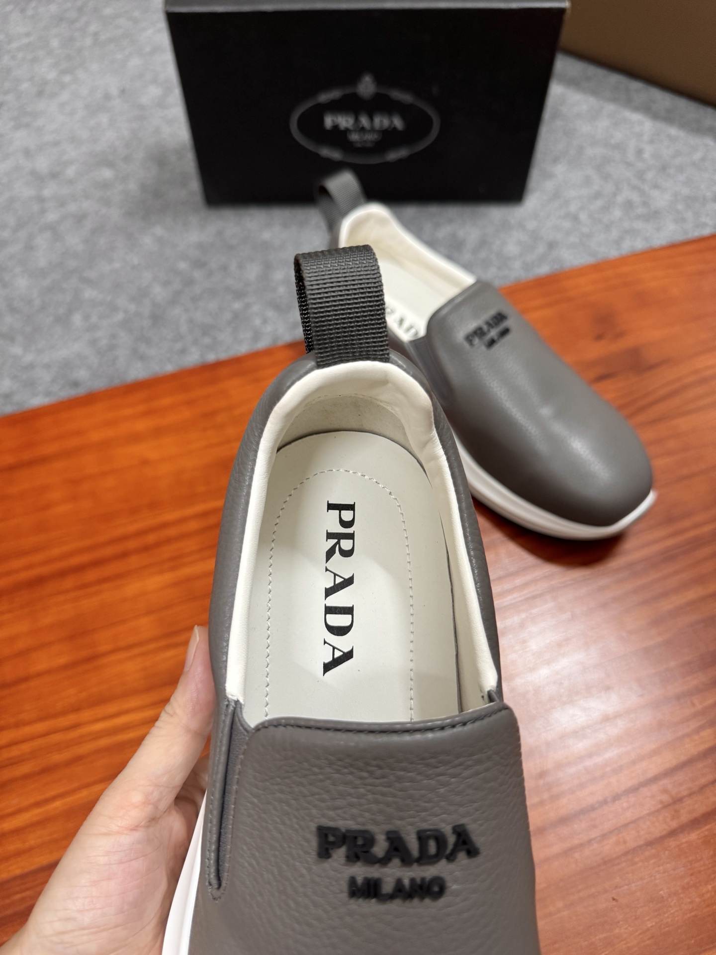 Prada Men's Gray Leather Slip-On Sneakers with Lightweight Sole, Size 38-44 9 i1755596631491 9494 0 8