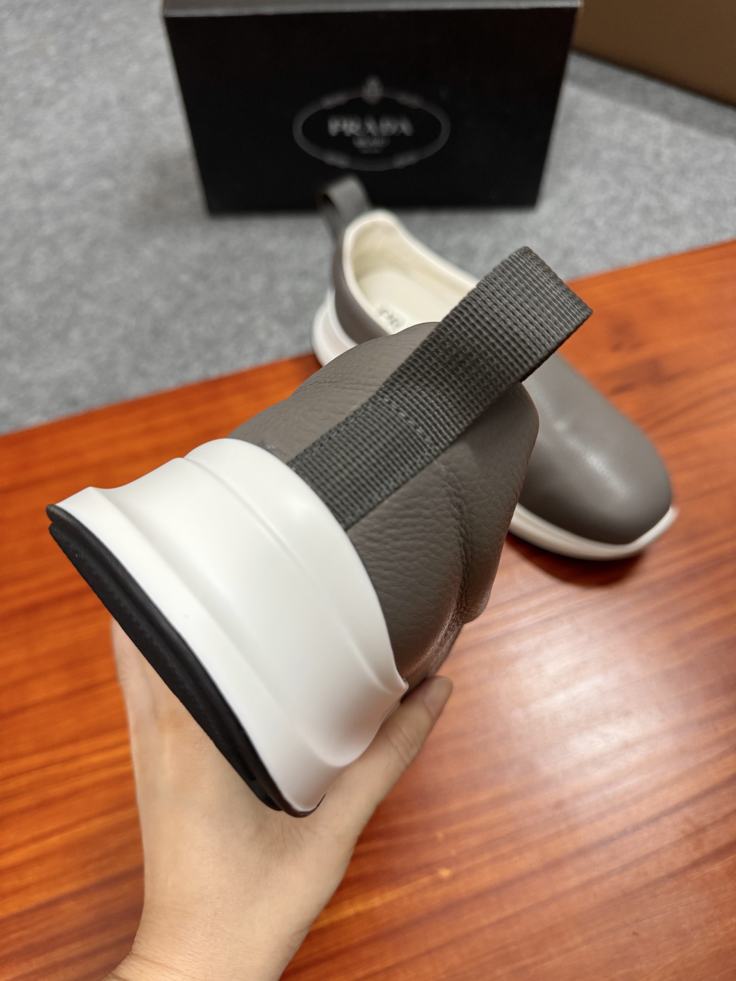 Prada Men's Gray Leather Slip-On Sneakers with Lightweight Sole, Size 38-44 8 i1755596631514 2291 0 7
