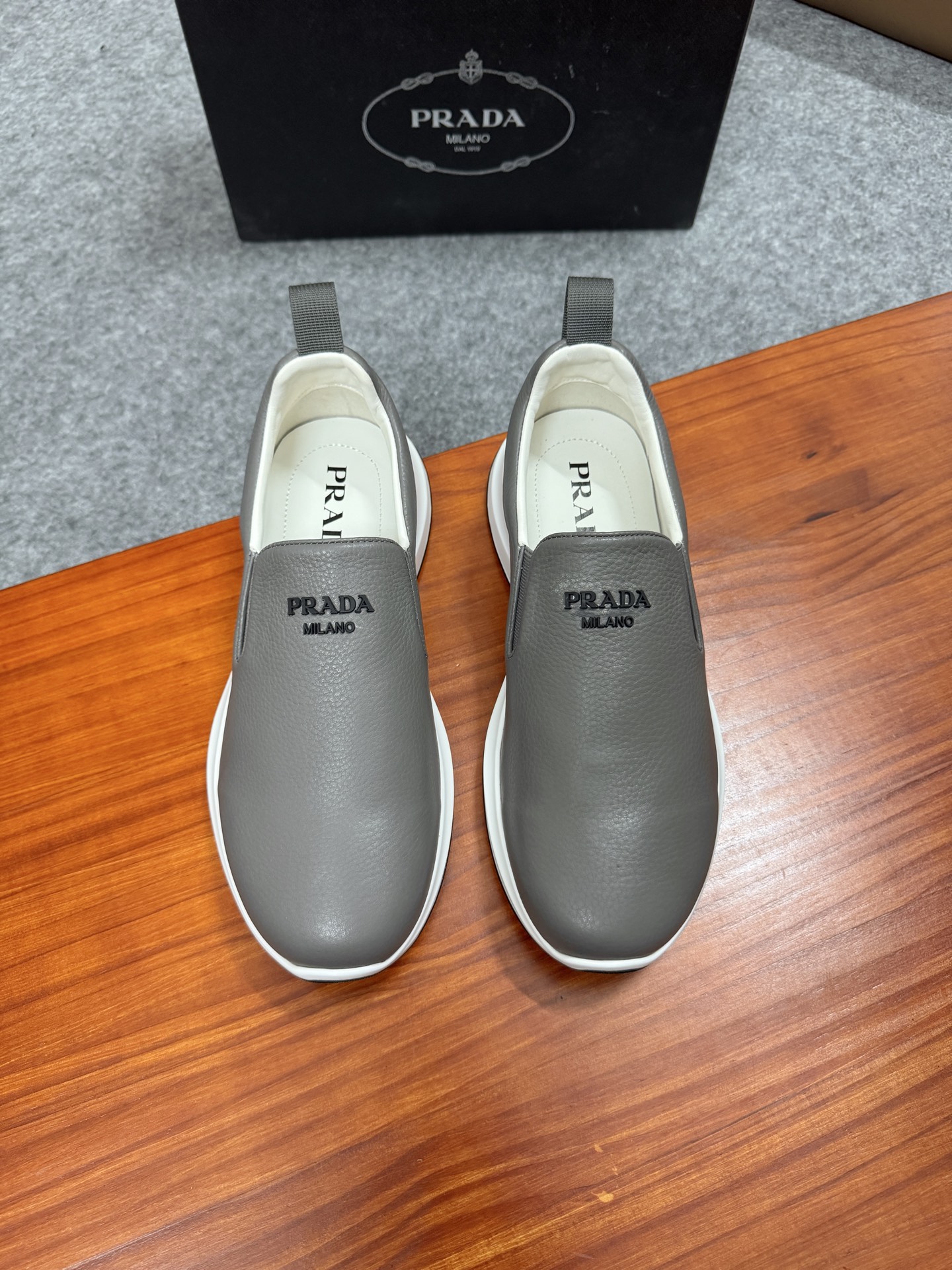 Prada Men's Gray Leather Slip-On Sneakers with Lightweight Sole, Size 38-44 1 i1755596631613 9239 0 0