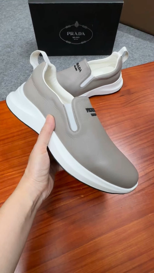 Prada Men's Leather Slip-On Sneakers in Taupe with Lightweight Sole 1 Prada Men's Leather Slip-On Sneakers in Taupe with Lightweight Sole