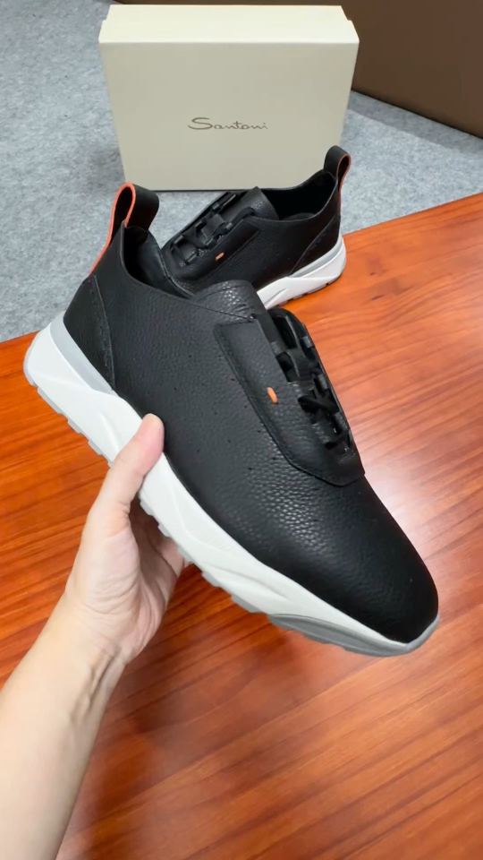Santoni Men's Black Leather Sneakers Handmade Casual Shoes
