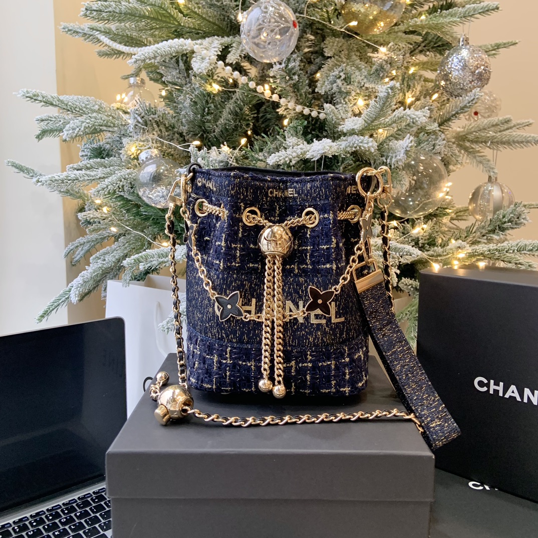 Upcycled Blue & Gold Tweed Bucket Bag (Chanel Ribbon Detail - Comprehensive