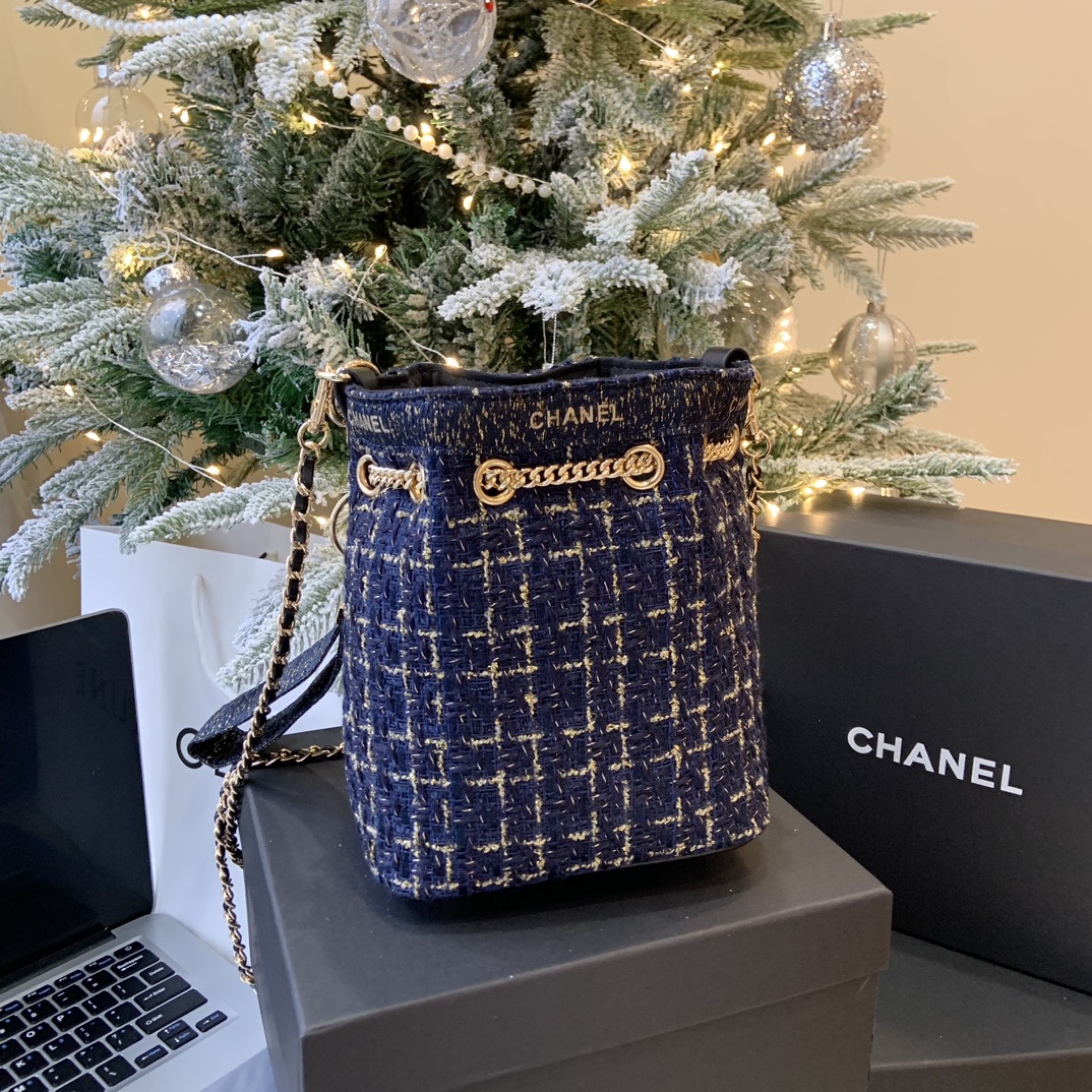 Upcycled Blue & Gold Tweed Bucket Bag (Chanel Ribbon Detail - Comprehensive 3
