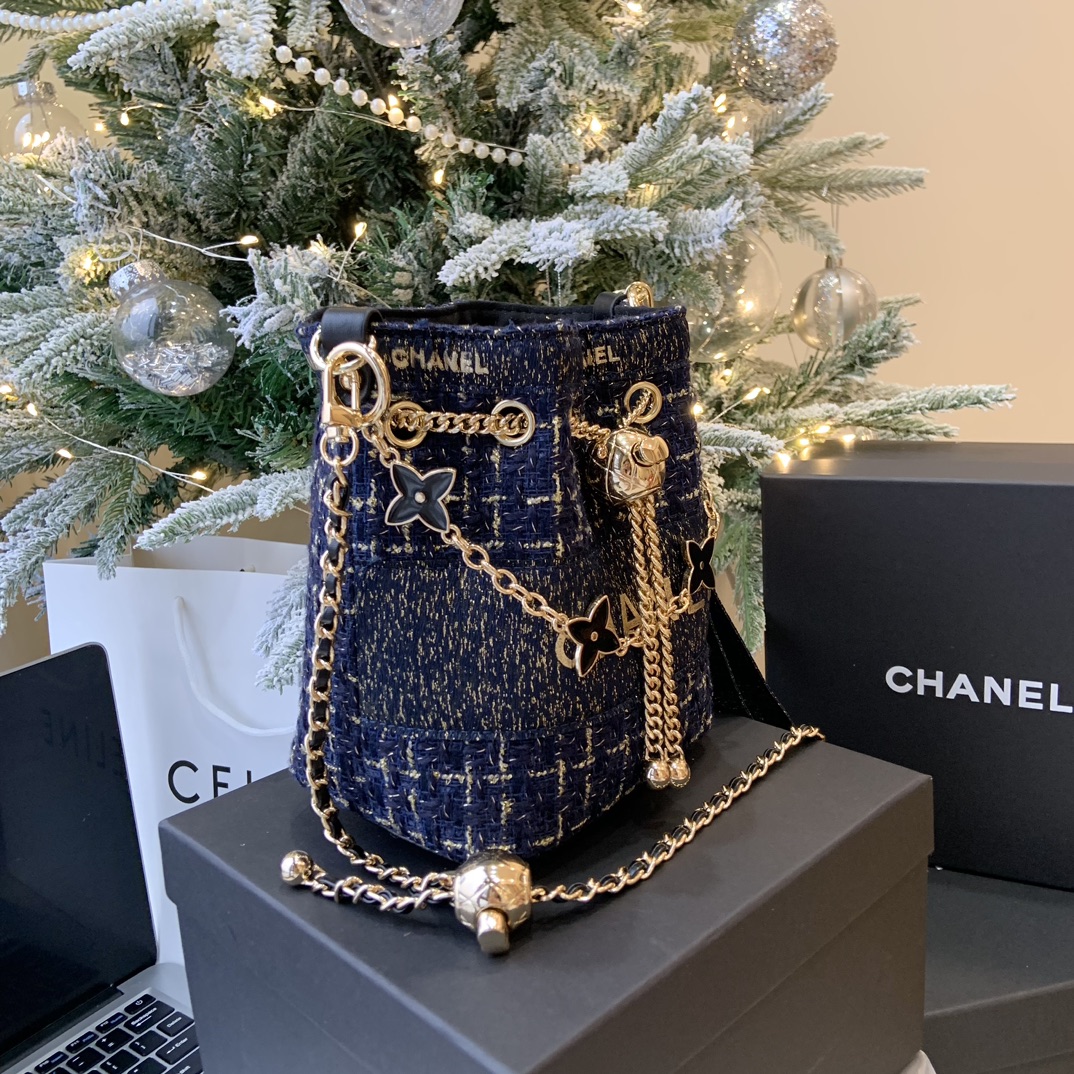 Upcycled Blue & Gold Tweed Bucket Bag (Chanel Ribbon Detail - Comprehensive 2